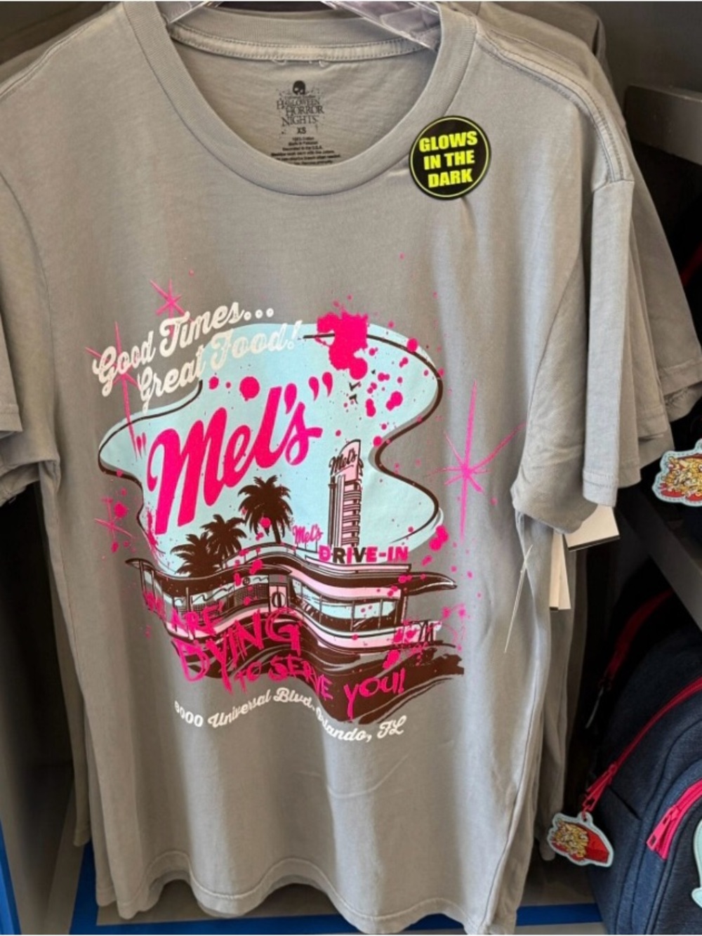 Mel's Drive-In Graphic T-Shirt in Light Gray with Pink & Aqua Print
